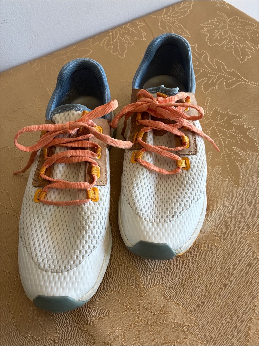 OluKai White Mesh Athletic Sneakers with Coral Laces and Blue Trim